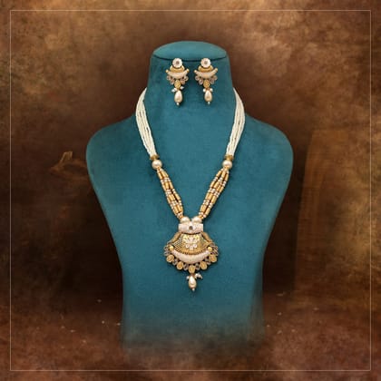 Gold Color Meena Work Matte Gold Rajwadi Temple Necklace Set (TPLN709GLD)-Length: 40.00 CM x Width: 1.00 CM / Gold / Alloy With Good Quality Matte Gold Plated