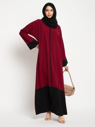 Nabia Women Maroon and Black Solid  A-line Abaya Burqa With Black Scarf-XS / 54