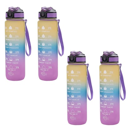 Kuber Industries Motivational Water Bottle with Time Marker, Straw, 1L, Pack of 4, Yellow/Purple, for Kids, Adults, Gym, Home, Office, School.-Kuber Industries Motivational Water Bottle with Time