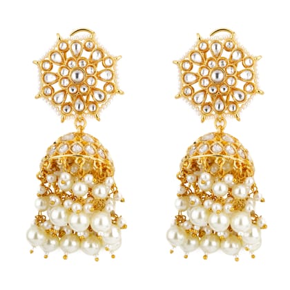 Gold Plated Kundan and Pearls Drop Jhumka Earrings- VE087