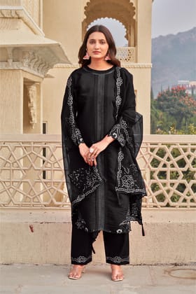 Black Ragga Roman Silk Slub Khatli Cut work Suit Set with Organza Dupatta-M-38