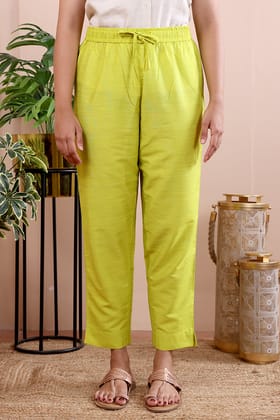 Lime Green Hand Dyed Art Silk Slub Women Ankle Pant WAKPT10249-M