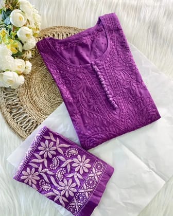 Dobby cotton Embroidery Chikankari Full Set-Purple / S = 36