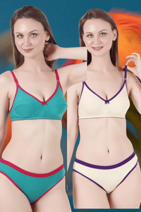 Cotton Non-Padded Bra and Panty Set of 2 pcs - 777 BEIGE AND GREEN-30