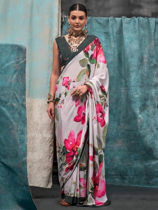 Ivory Crape Silk Saree