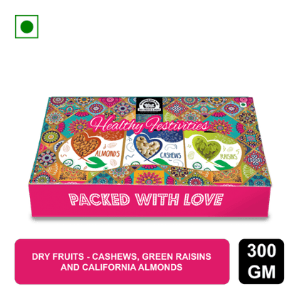 Wonderland Foods Festive Fiesta Dry Fruits Gift Pack - Cashews, Green Raisins and California Almonds, 300 gm Box