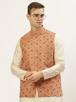 Jompers Men's Orange Printed Nehru Jacket-S / Orange