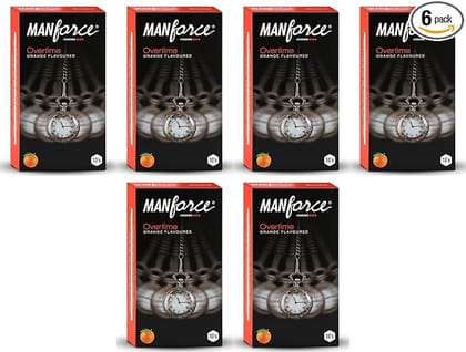 Manforce Overtime Orange Flavoured Condoms for Men| 3-in-1 Ribbed Contoured & Dotted for Extra Stimulation| Lubricated Latex Condoms| 10pcs x Pack of 6