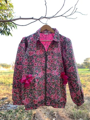 Grey-Pink Floral Bomber Jacket-S