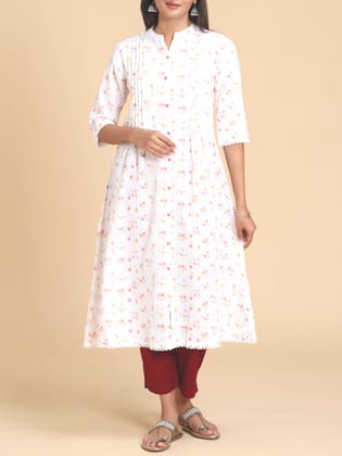 White double cotton kurti with floral print