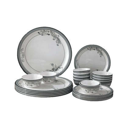 SUPERWARE | Pure Melamine | Dinner Set - SILVER LACE | Set Of 24 Pcs. | Stain Free, Glazed Finish