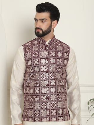 Men's Premium Silk Box Embroidered Maroon Nehru Jacket-36