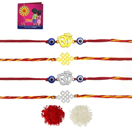 Yellow Chimes Rakhi Combo: 4 Traditional Gold & Silver Plated Rakhis with Roli Chawal & Greeting Card-Yellow Chimes Rakhi for Brother | Combo of 4 Rakhi Set for Brother | Traditional Gold and Sil