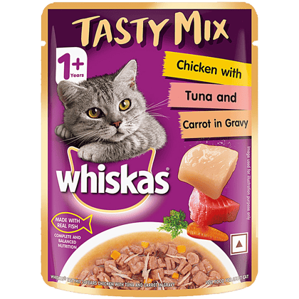 Whiskas Tasty Mix Wet Cat Food - Adult, 1+ Years, Chicken With Tuna & Carrot In Gravy, 70 g