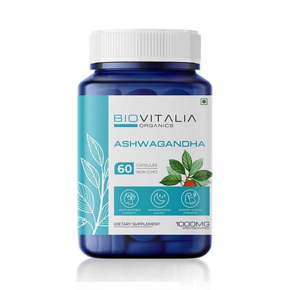 Biovitalia Organics Ashwagandha Capsules - Stress, Mood, Sleep Support - 60 Veg Caps, ISO Certified, 100% Vegan, Gelatin Free, USDA, HACCP-Biovitalia Organics Ashwagandha Capsules - Stress, Mood,