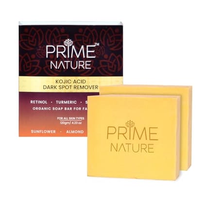 Prime Nature Kojic Acid Soap - Pack of 2 (120g each) | Organic Retinol & Turmeric Blend | Dark Spot Remover | Skin Brightening | Acne Treatment | Anti-Aging & Pigmentation Removal | Handmade Natural Soap for Radiant Skin | Suitable for All Skin Types