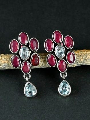 Brass Oxidised Stone Stud Earrings for Casual Wear | Sarichka-Red+White