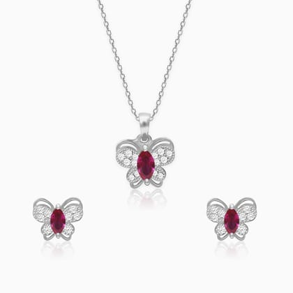 Silver Pop Pink Studded Butterfly Pendant Set