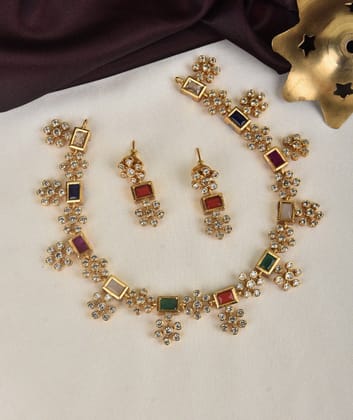 Trendy Navratna Neckset With Studs