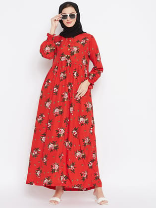 Nabia Women Red Floral Printed Crepe Abaya Dress With Georgette Scarf-XS / 54