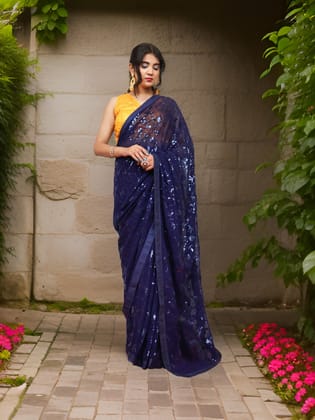 Designer Saree with Rhinestones & Heavy Sequin Work by Shreekama-Navy Blue / Free Size