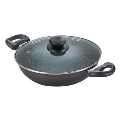 Prestige Omega Deluxe Granite Non-stick Kadai with Glass Lid, 24cm, 2.4 L (Black)