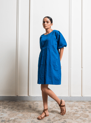 Linen Balloon Sleeve Dress Cobalt Blue-XS