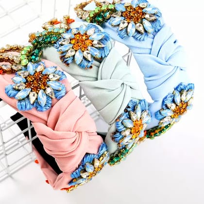 Knotted Turban | Crystal Headband-Light Blue
