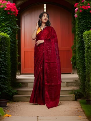 Designer Saree with Heavy Sequin & Stone Work by Shreekama-Maroon / Free Size