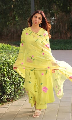 Cotton Lemon & Pink Hand Painted Suit with Chiffon Hand Painted Dupatta-2XL