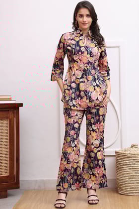 Navy Blue Floral Printed Cotton Co-Ord Set for Women | S-3XL | Claura-S