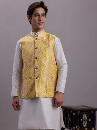 Men's Golden Woven Design Nehru Jacket With Solid Kurta Pyjama.-S / Golden