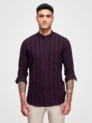 Seersucker Band Collar Shirt-M/38 / Maroon