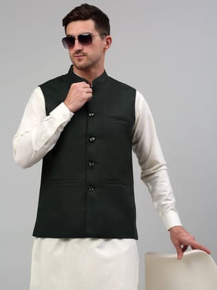 Men Olive Green Solid Nehru Jacket-S / Olive-Green