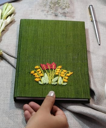 Olive Floral Handloom Cotton Hand Embroidered Diary with Handmade Paper