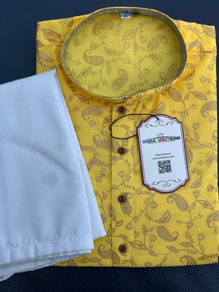 Sunshine Yellow Hand-Printed Cotton Men\'S Kurta Pyjama Set | Custom Size | White Pyjama | Ideal For Indian Weddings, Festivals, And Gifting (Size - 40) by Rang Bharat