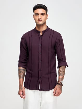 Band Collar Textured Shirt-M/38 / Maroon