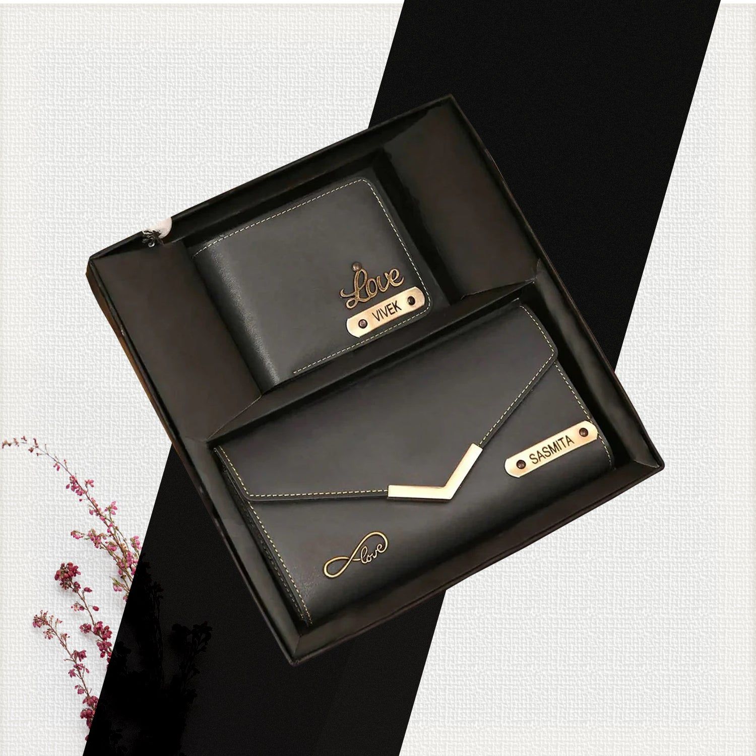 Personalised Ladies Clutch + Men's Wallet Combo-(Black)