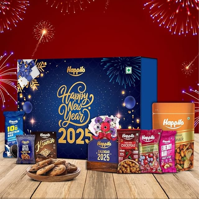 Happilo New Year Gift Box Tokyo 350g Festive Treats & Snacks Reed Diffuser Calendar Playing Cards Krunch Party Snack Berry Mix Protein Bar Energy Bar Chickpeas Date Bites