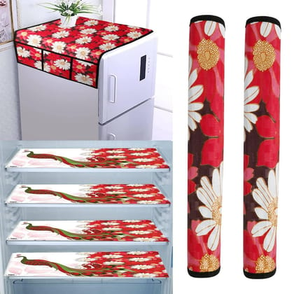 WISHLAND Double Door Fridge Cover Combo Set pf 1 Fridge Top Cover + 2 Fridge Handle Cover + 4 Multipurpose Fridge Mats (Red)