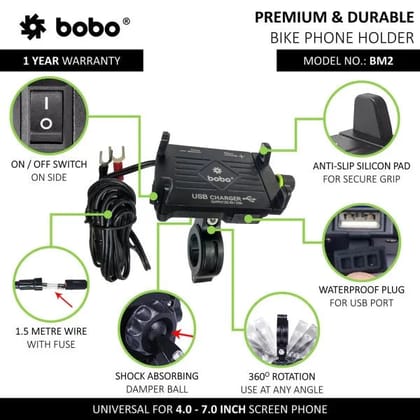 BOBO BM2 Claw-Grip Aluminium Bike Phone Holder (with 2.5A USB charger) Motorcycle Mobile Mount