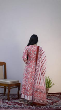 Cotton Anarkali Style Kurta With Printed Dupatta & Pant-XL