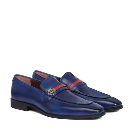 Blue Leather Slip-On with Lion Badge & Contrasting Red/Blue Strap-40/6