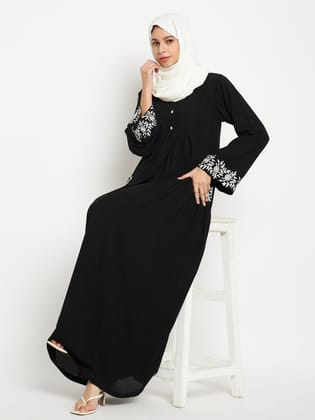 Nabia Embroidery Work Solid Black Abaya Burqa For Women With Black Scarf-XS / 54