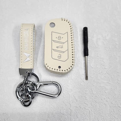 Mahindra XUV700,Scorpio,Thar Luxury Pure Handmade Oilwax Leather Keycase with Logo, Caption, Hook, and Chain-Beige