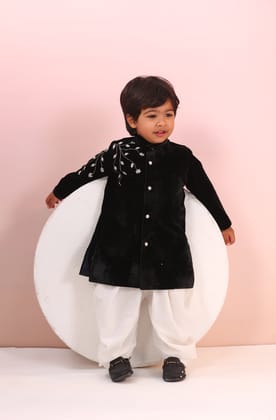 Boy Velvet Sherwani Kurta Set-Black-0-3 Months