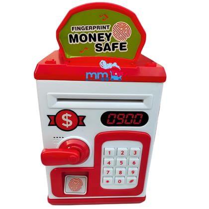 MM TOYS Monkey Saving Box ATM With Electrnoic Lock - Fingerprint Sensing, Light & Music, Coin and Paper Money Deposit | Piggy Bank For Kids | - Red