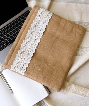 Ornamental Lace Beige Jute Laptop Sleeve with Metallic Zip Closure (11.75 x 13.5 x 0.5 inches)