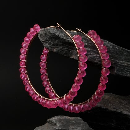 Electric Pink/Electric Blue Beaded Hoop Earrings-Pink