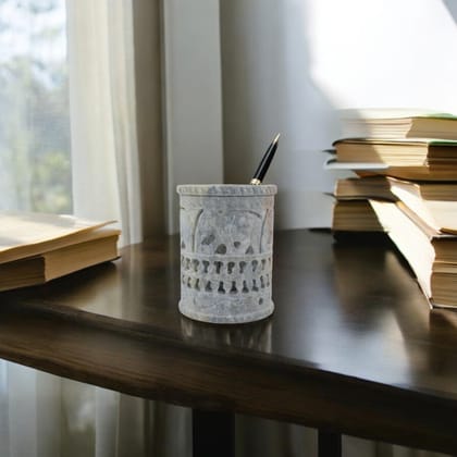 Handcrafted  Soapstone Pen Holder-Silver